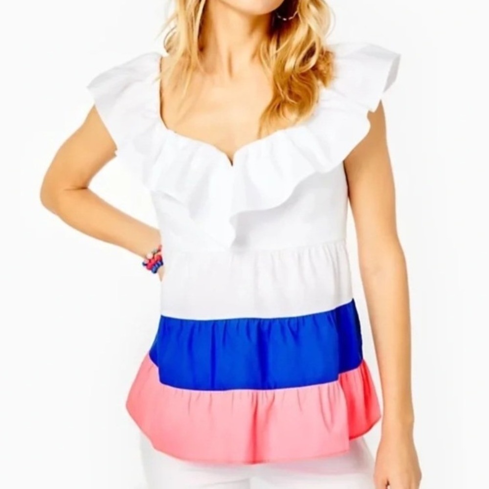 NEW Lilly Pulitzer Emie Ruffle Top Sz 2 White Blue Pink Colorblock Tier Babydoll